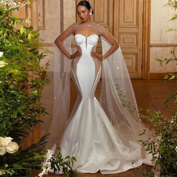Glitter Mermaid Wedding Dresses With Cape Beaded Sweetheart Boho Bridal Dress 2025 Amazing Soft Satin Country Garden Dubai Bride Vestidos Novias Boda Casamento
