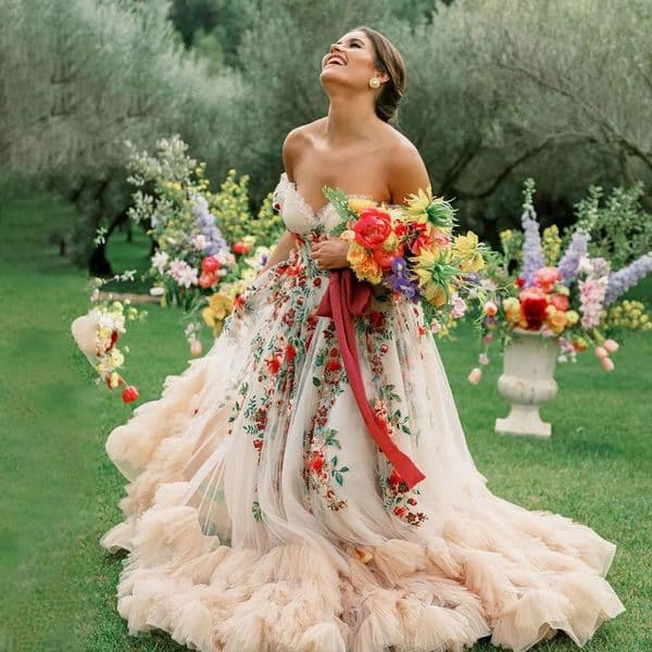 Fairy Colorful Puffy s Off Shoulders Sweetheart Overlay Tulle Champagne Bloom Flower Bridal Gowns Mesh Wedding Dress 2024