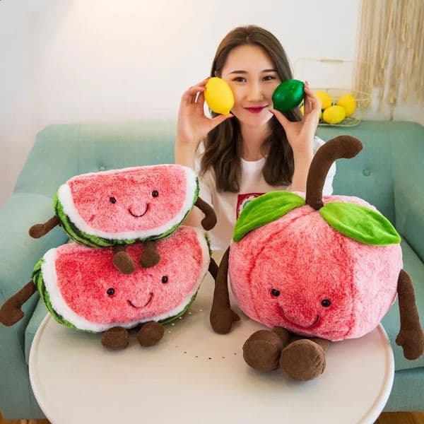 HOT Jelly Cat Cartoon Watermelon Cherry Toy Simulation Expression Fruit Doll Bed Girl Holiday Gift X250108