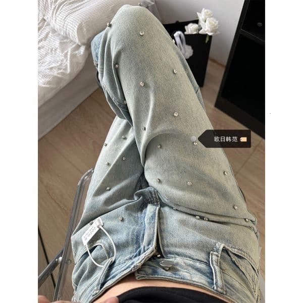 2026 American style new heavy industry nail drill summer loose fit slimming high waist straight tube wide leg mopping jeans for women