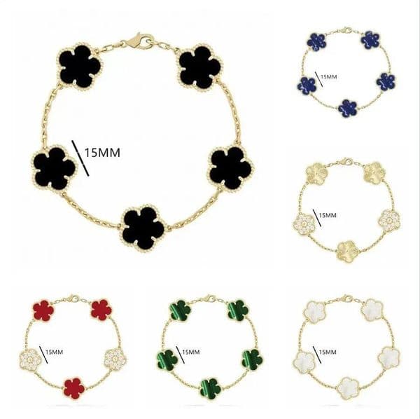 Fashion Classic Clover Charm Bracelets Bangle Chain Gold Agate Shell Mother-of-Pearl for Women&Girl Wedding Mother' Day Jewelry Women good gifts-A