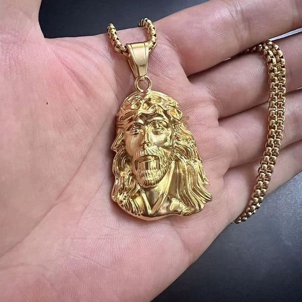 Hip Hop Vintage Jesus Face Pendant Necklace Full Zircon Real Gold Plated Religious Men Jewelry