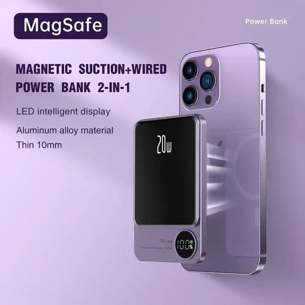 10000mAh Macsafe 2 in 1 Magnetic Power Bank PD20W 15W Wireless Metal Fast Charger External Auxiliary Battery Pack for Magsafe iPhone 15 14 13 with Led Display