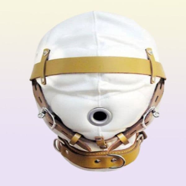 White Bondage Hood Deprivation Leather Muzzle Mask For Hear Restraint Dungeon New Design BDSM Gear Gimp Padded Lockable Straps B03
