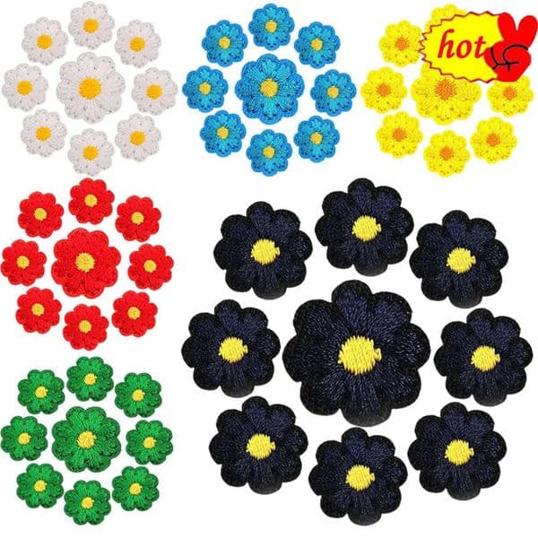 10pcs/lot Flower Patches for Clothing Iron on White Blue Yellow Red Green Purple Black Pink Small Designer Embroidered Sew Bulk