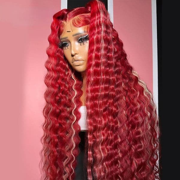 Designer Glueless Wig Brazilian Red Blonde Highlight Wavy 360 Frontal Wig Glueless 13X4 Deep Wave Human Hair Preplucked Synthetic Lace Wigs For Black woman Wome