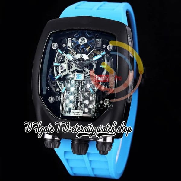 Other Clocks Buga Chiron Tourbillon Autoamtic Roadster Watches For Men With 16 Cylinder Engine, Skeleton Dial, Black PVD Steel Case, Blue Home Decor