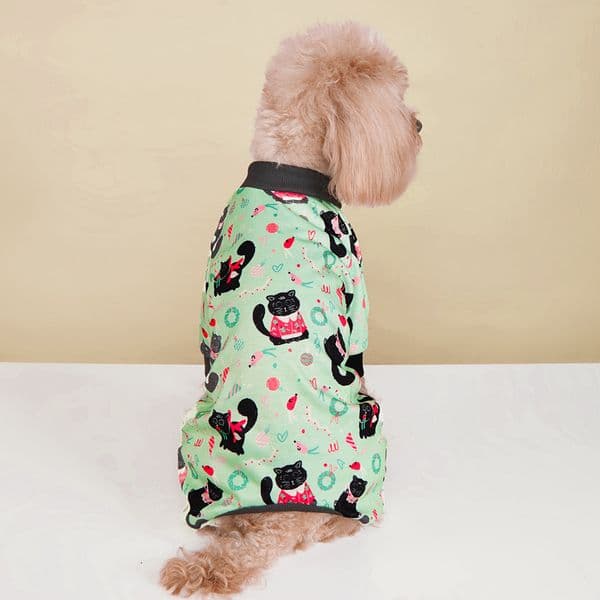 Pet four legged jumpsuit, cartoon print, black cat pet clothing, breathable dog clothing