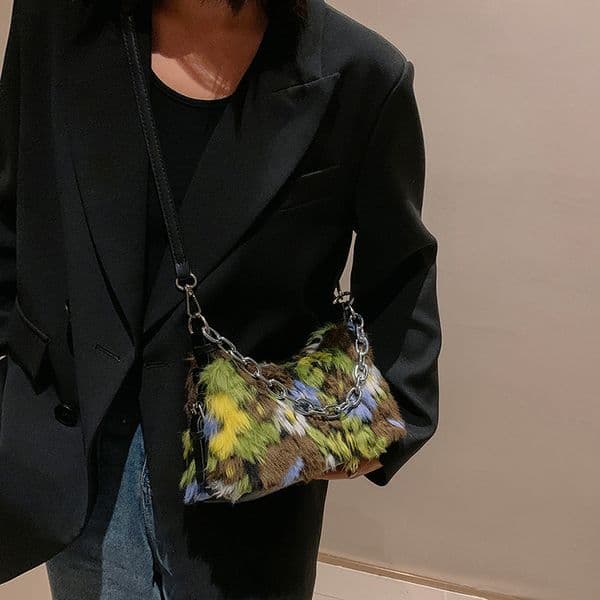 Fashion Colorful Faux Fur Shoulder Bag Woman Vintage Contrast Plush Messenger Bags Women'S Designer Chain Underarm Lady Handbag
