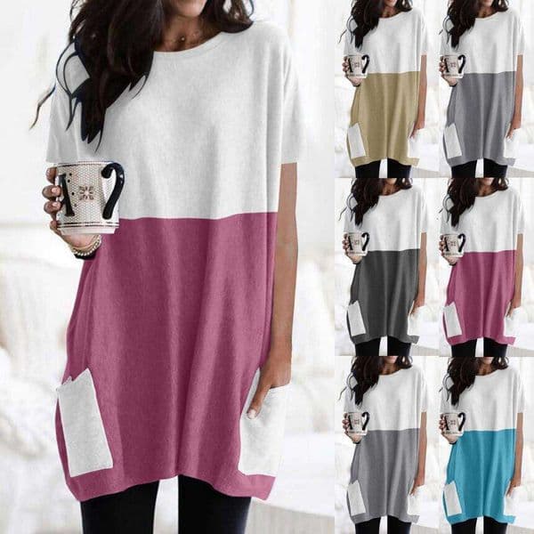 2023 new round neck short sleeved patchwork contrasting casual pocket T-shirt for women