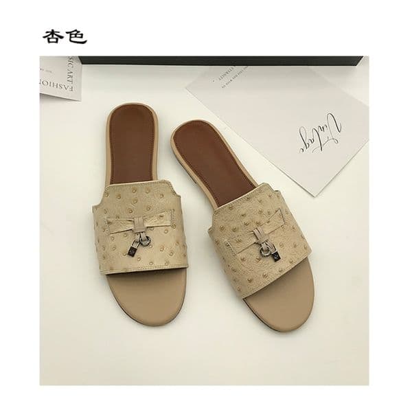 Genuine Leather Ostrich Patterned Flat Bottomed Slippers With Exposed Toes, One Word Slippers, Summer Large Women's Shoes 34-42