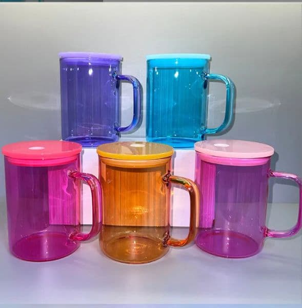 17oz Colored Glass Tumbler with Lid - High Borosilicate Glass Coffee Mug, Jelly Mason Jar, Libby Can Cooler for Cola, Beer, Food Cans LL