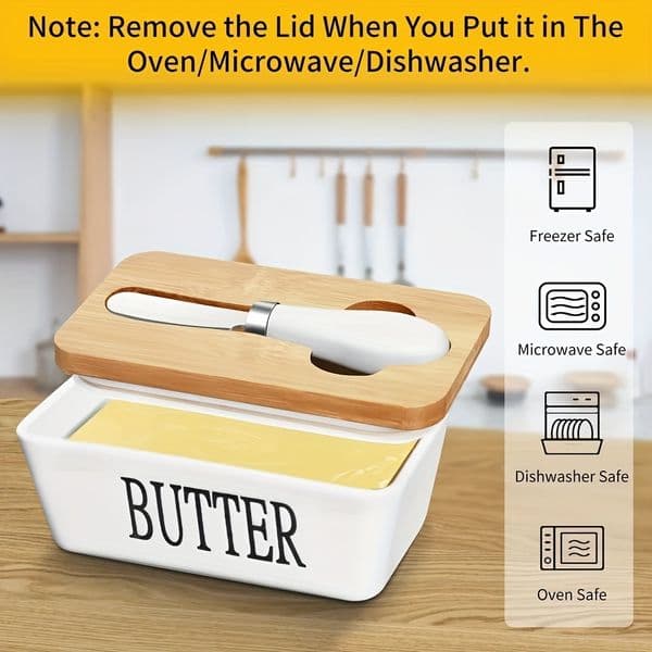 Tabletop with lid, yellow oil pan large butter pan ceramic butter holder with knife and high-quality silicone seal