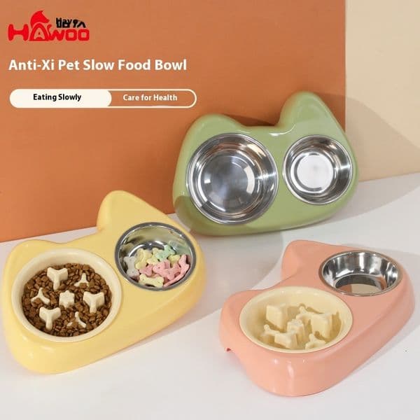 Pet size eye double choking anti slip small and medium-sized slow food stainless steel dog bowl