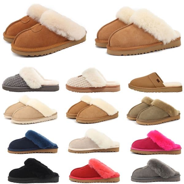 Designer Fluffy Slippers Australian Chestnut Fur Slides Sheepskin Shearling Mules Women Men Platform Shoes Suede Comfort Fall Winter Warm Booties