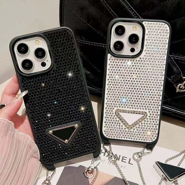 Glitter Phone Designer Cases For iPhone Case Apple Iphone 13 12 15 Plus 14 Pro Max Phonecase Bling Rhinestone Metal Chains Crossbody Cover