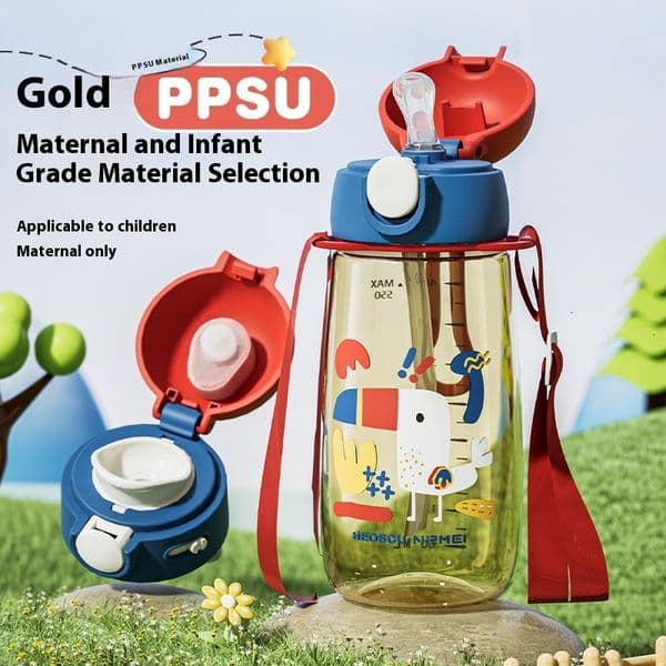 Plastic cup, children's sports anti fall straw cup, direct drinking cup, spring and summer student specific water cup for school