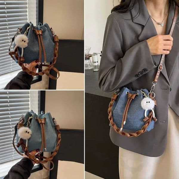 Creative Fashion Denim Single Shoulder Crossbody Drawstring Bucket Bag Casual Lady Handbags Tote Purses 240820