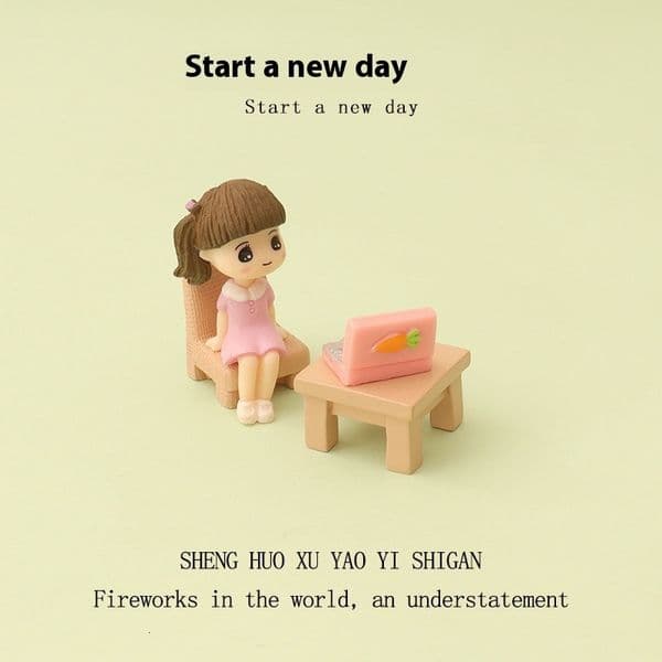 Cartoon Cute Little Girl Mini Computer Desk and Chair Micro Landscape Work Scene Baby House Accessories Home Decoration Ornament