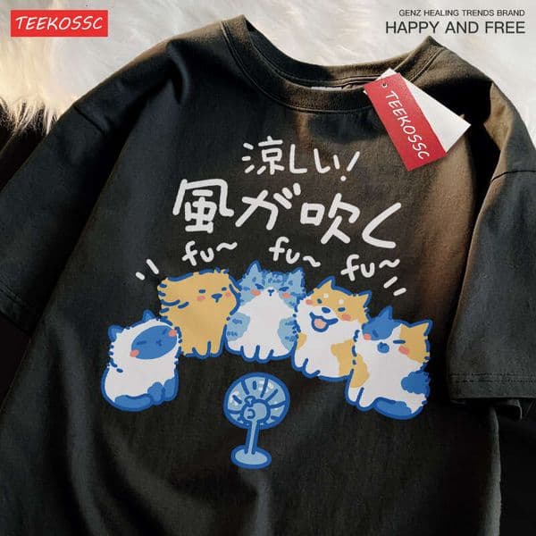 Cool Breeze Japanese White Loose Short Sleeved T-shirt Men Women Boys Cats Dogs Summer Cartoon Students Cotton Fun Tees