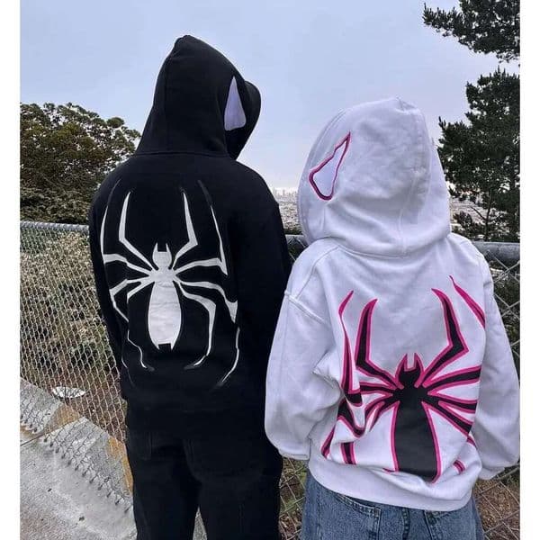 Women Dark Spider Print Hoodie Pullover Hip Hop Punk Zipper Long Sleeve Jacket Winter Couple Casual Sweatshirt Men Y2K Clothes