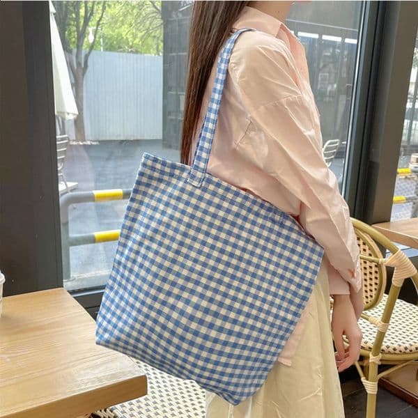 Retro Plaid Womens Canvas Shoulder Bag Large Capacity Ladies Reusable Shopping Bags Simple Casual Tote Female Handbags Purse 240824