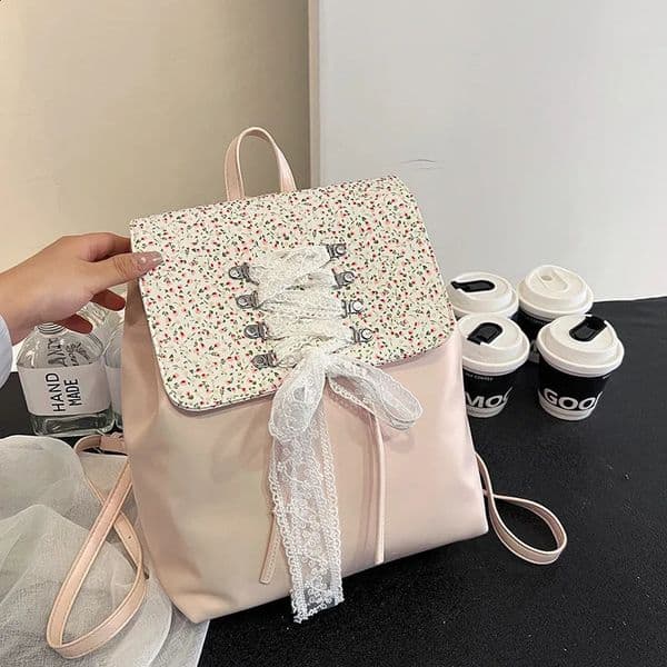 Sweet Lace Floral Backpack Preppy Backpacks Shoulder Bags For Women Student Knapsack Fashion Floral Printed Rucksack 240824