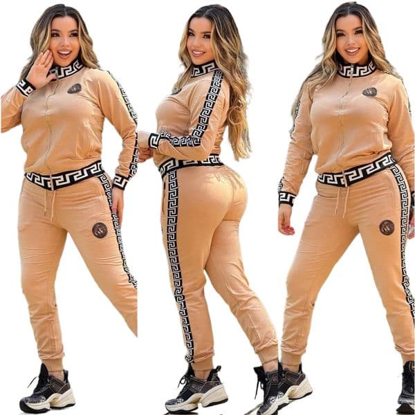 Designer Women's Stretch Jogging Suit with Zipper Jacket and Pants Set - Beige free ship