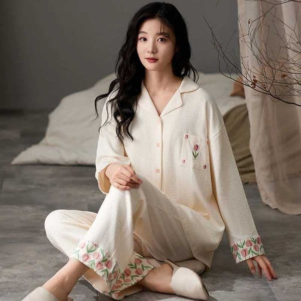 Women's Sleep Lounge Flower Sweet Pajamas Set Women Cute Kawaii Sves Long Pants Autumn Winter Girls Spwear Cozy Pyjamas Soft Pijamas Pjs H240823