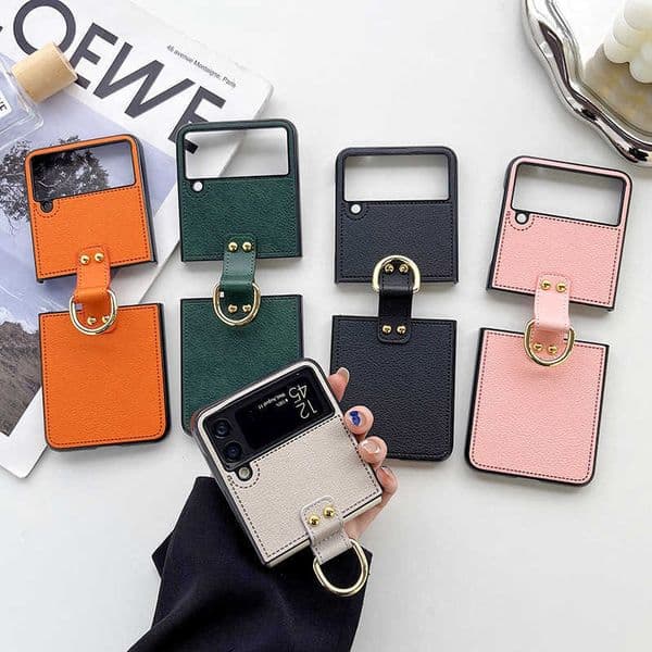 Fashion designer retro flowers Phone Case For Samsung Galaxy Z Flip 3 4 5G fold2 flod3 4 Sheepskin Solid Color Ring Buckle Zflip3 Case