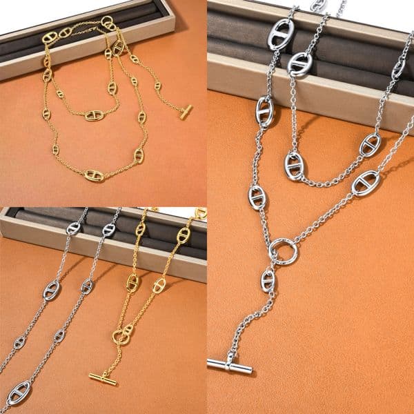 Classic long titanium steel sier double layer with OT custom pendant collarbone chain designer jewelry overlapping necklace