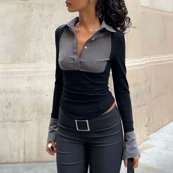 Commute Tops Polyester Polo Neck T Shirt for Women Button Youthful Elegant Y2k Fashion Korean Clothing Cheap Woman Tshirt