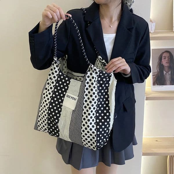 Hylhexyr Female Polka Dot Canvas Bag Cloth Shoulder Tote Bags Drawstring Shopping Handbag Thin Style 240830