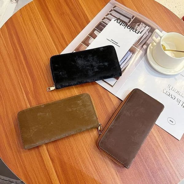 Solid Thread Zipper Long Faux Suede Wallet Bags For Women Simple Card Holder Note Compartment Clutch Bag Popular Luxury Bag free shipping