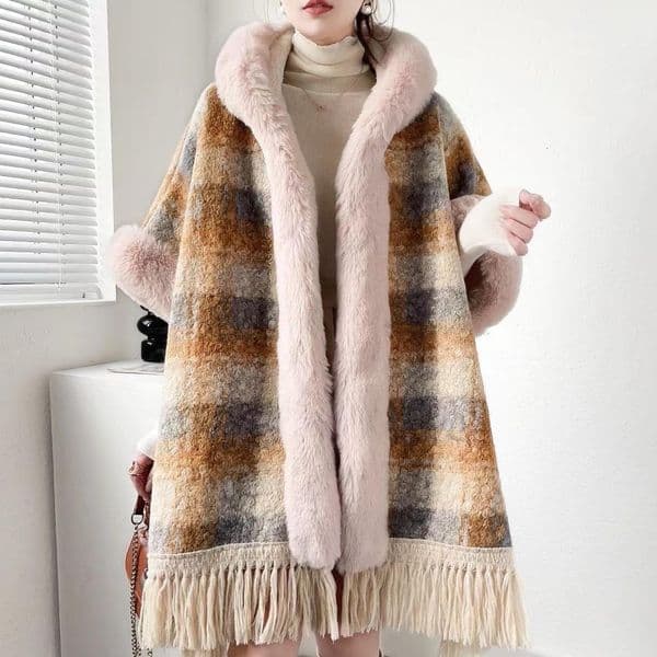 986# New Model with Plush and Thickened Imitation Otter Rabbit Fur Collar Cape Medium to Long Length Tassel Plus Large Grid Coat Cape
