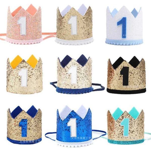 Baby 1st Birthday Crown Hat in pink and gold used as shower party supplies for babies on their first birthday W240830