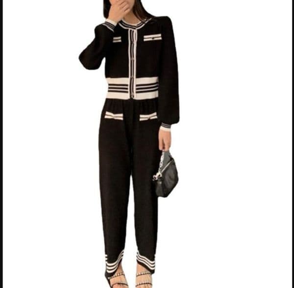 Spring womens Tracksuits knittd Sweat Suits fashion black Professional 2 Piece Set Women Pullover business Sweater Wide-Leg Pants Sets Trousers Two Outfit