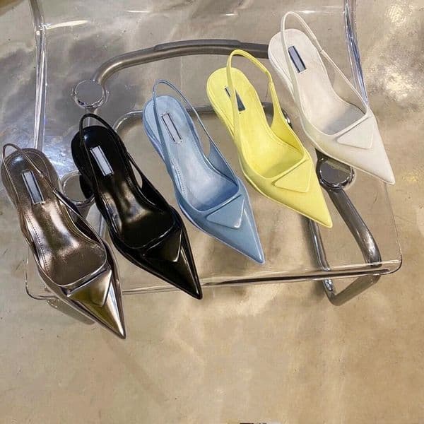 Women Sandals for Designer High Heels Shoes Classics Triangle Pointed Toes 3.5cm 7.5cm Thin Heel Black Patent Leather Summer Brand Pumps Size 35-40