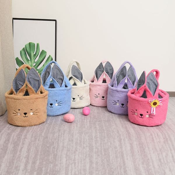 Plush New Furry Bunny Easter Handbag Rabbit Egg Basket Hunt Bags Canvas Cotton Bucket Tote With Fluffy Tail For Party Decoration