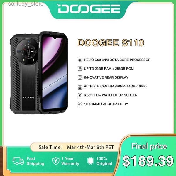 Cell Phones The worlds top DOOGEE S110 rugged phone with 6.58-inch FHD droplet screen Helio G99 eight core 66W fast charging 10800mAh battery phone Q240312