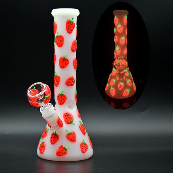 White Jade Glass Water Pipe,Glass Bottle With Colorful Luminous Strawberry,Glow In Dark,Cute Cartoon Glass Bong,Borosilicate Glass Hookah,Smoking Accessaries