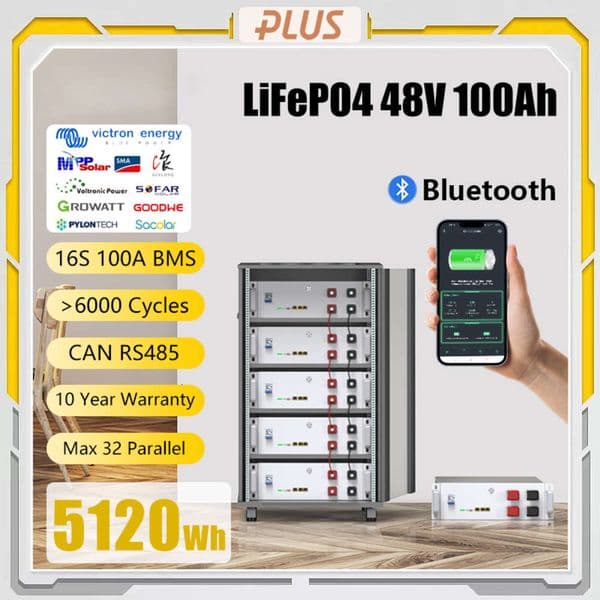 48V 5KW 100Ah LiFePO4 Battery 51.2V 200AH6000 Cycles CAN BUS RS485 16S BMS Max 32 Parallel-10 year Warranty EU Stock No Tax