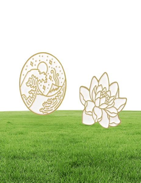 Enamel Brooch Pin Lotus Flower Wave Round Badge Seaside Star Moon Ocean Plant Brooches Pins Hat Coat Jewelry Gifts 1493 E3
