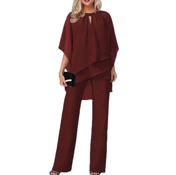 Women Two Piece Pants Wedding Guest Chiffon Pant Suits Elegant Half Short Sleeve 2 Piece Set Formal Evening Party Outfit