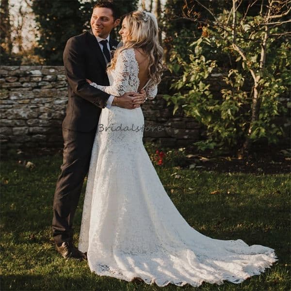 Rustic Fulllace Wedding Dresses 2024 Elegant O Neck Mermaid Long Sleeve Boho Bridal Dresses Sexy Backless Outdoor Civil Country Bride Women Vestidos De Novia Roman
