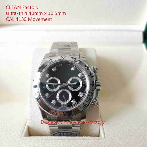 CLEAN Factory Mens Watch Ultra-thin 40mm x 12.5mm Cosmograph 116520 Diamond Dial Chronograph Sport Watches Sapphire CAL.4130 Movement Automatic Men's Wristwatches