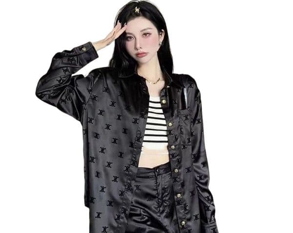 Design women's spring turn down collar logo letter flocking loose long sleeve blouse shirts SMLXL
