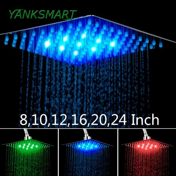 YANKSMART 8 / 10 /12 / 16 /20 / 24 Inch Bathroom Shower Head Chrome LED Square Rainfall Wall Ceiling Mount 3 Color Changing Head
