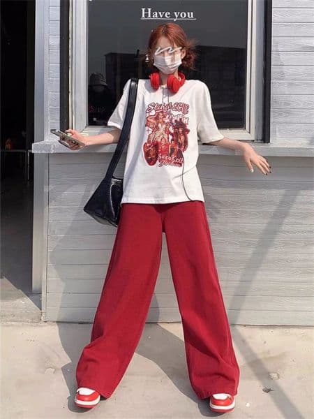 QWEEK Y2K Red Baggy Jeans Women Korean Style Basic Oversized Wide Leg Denim Pants Female American Retro High Waist Trousers
