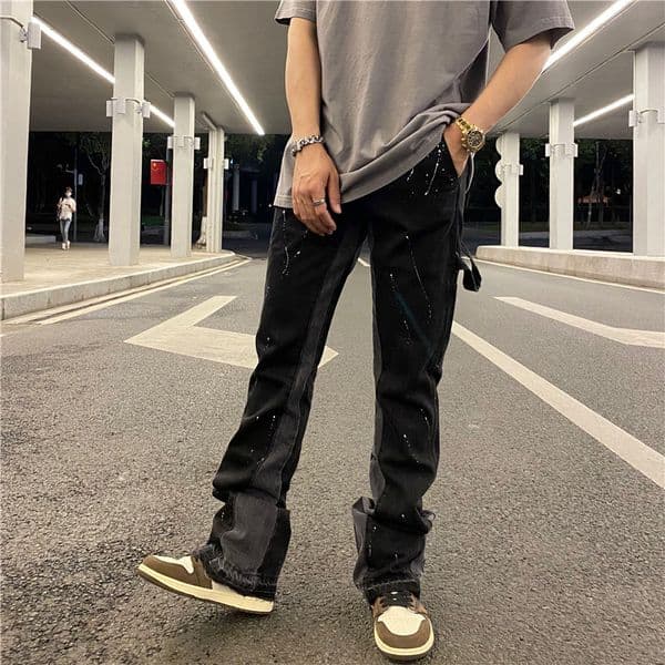 Streetwear Flared Black Wide Leg Jeans Y2k Hip Hop Splashed Ink Jean Male Slim Patchwork Relaxed Fit Denim Pants for Men S260331